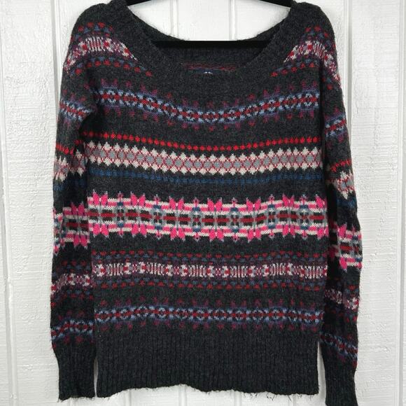 American Eagle Women Long Sleeve Fair Isle Sweater Gray Winter Wool Size Medium - Picture 5 of 6